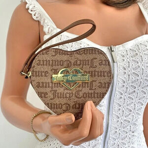 Juicy Couture Gothic Logo Print Brown Beige Heart Wristlet Bag NWT